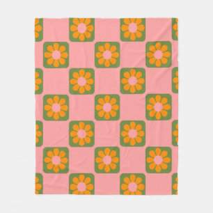 Cute Retro Hippie Flower Checkerboard Pink Green Fleece Blanket