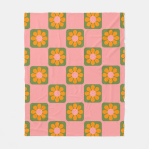 Cute Retro Hippie Flower Checkerboard Pink Green  Fleece Blanket