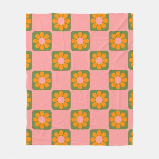 Cute Retro Hippie Flower Checkerboard Pink Green  Fleece Blanket (Front)