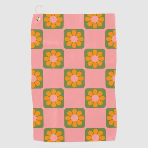 Cute Retro Hippie Flower Checkerboard Pink Green   Golf Towel