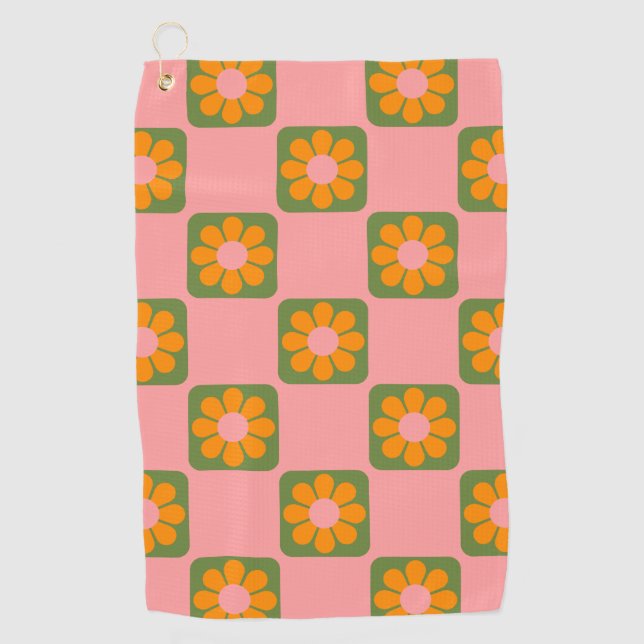 Cute Retro Hippie Flower Checkerboard Pink Green   Golf Towel (Front)