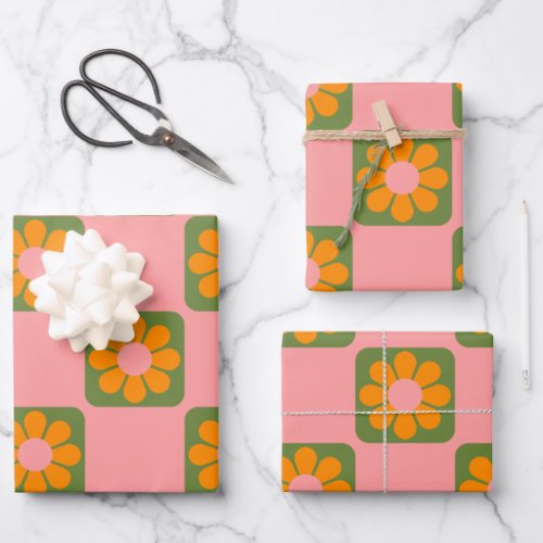 Cute Retro Hippie Flower Checkerboard Pink Green Wrapping Paper Sheets