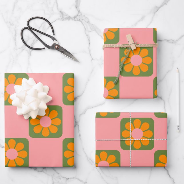 Cute Retro Hippie Flower Checkerboard Pink Green Wrapping Paper Sheets (Front)
