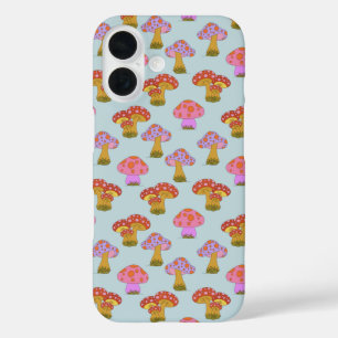 Cute Retro Hippie Mushroom Pattern in Pastel Blue  iPhone 16 Case