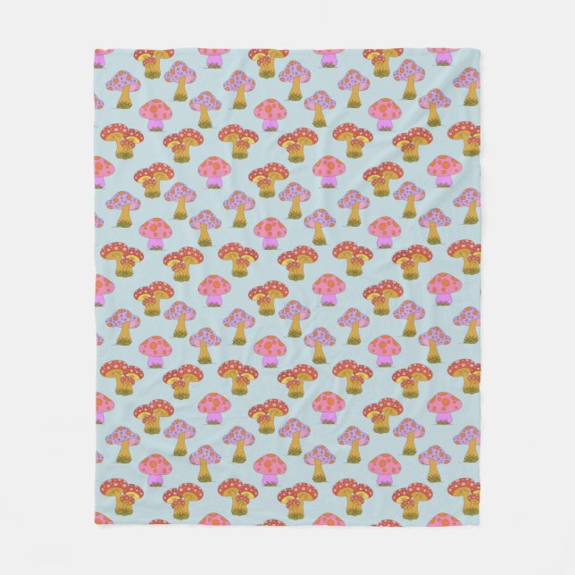 Cute Retro Hippie Mushroom Pattern in Pastel Blue  Fleece Blanket (Front)