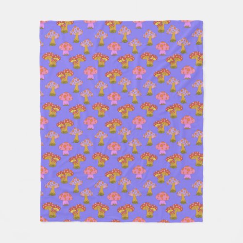 Cute Retro Hippie Mushroom Pattern in Purple  Fleece Blanket