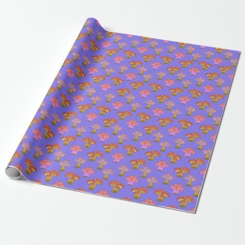 Cute Retro Hippie Mushroom Pattern in Purple Wrapping Paper