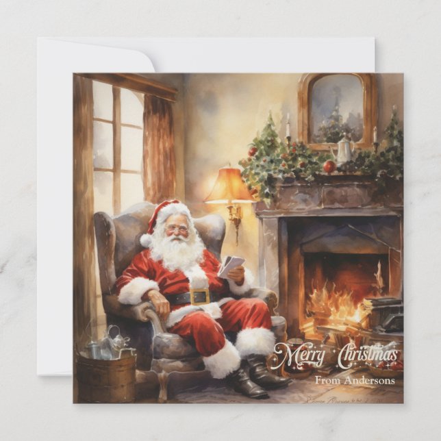 Cute Retro illustration Santa Claus read letters Holiday Card (Front)