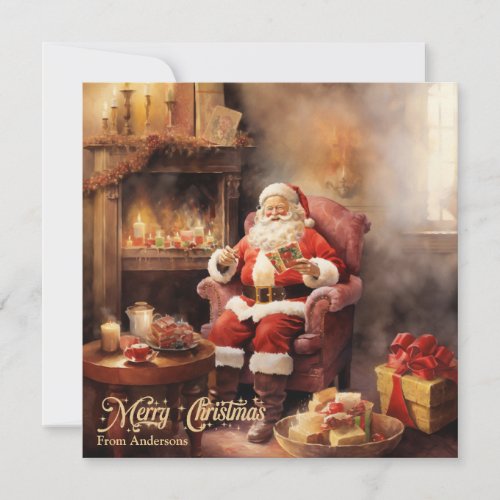Cute Retro illustration Santa Claus read letters Holiday Card
