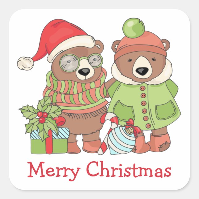 Cute Retro Image Christmas Bears Square Stickers (Front)