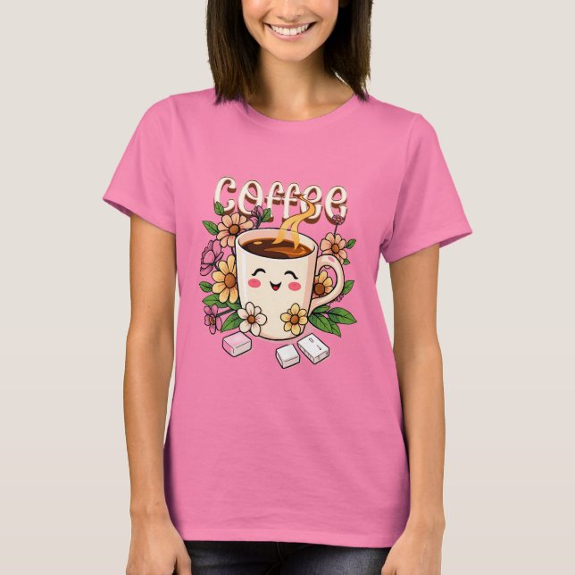 Cute Retro Kawaii Coffee and Flowers T-Shirt (Front)