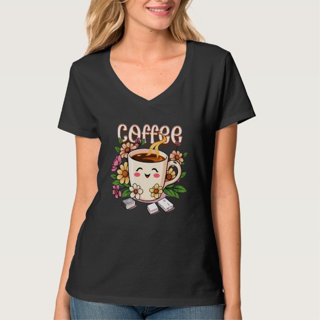 Cute Retro Kawaii Coffee and Flowers T-Shirt (Front)