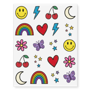 Cute Retro Kawaii Smiley Rainbow sheet Temporary Tattoos