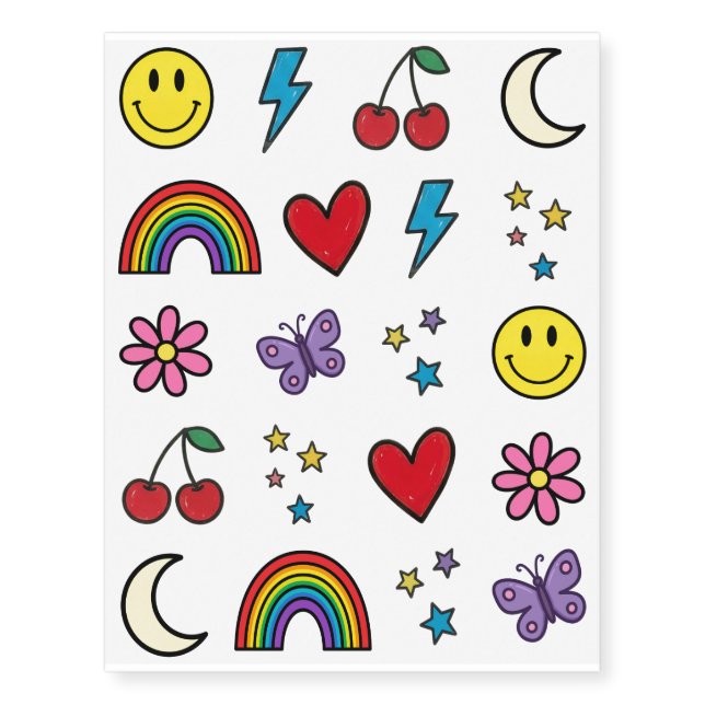 Cute Retro Kawaii Smiley Rainbow sheet Temporary Tattoos (Front)