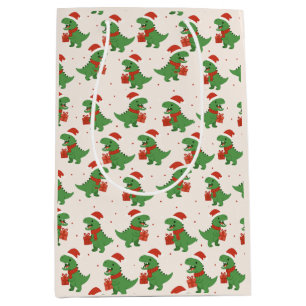 Cute Retro Kids T-Rex Xmas Medium Gift Bag