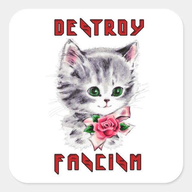 Cute Retro Kitten - Destroy Fascism Square Sticker (Front)