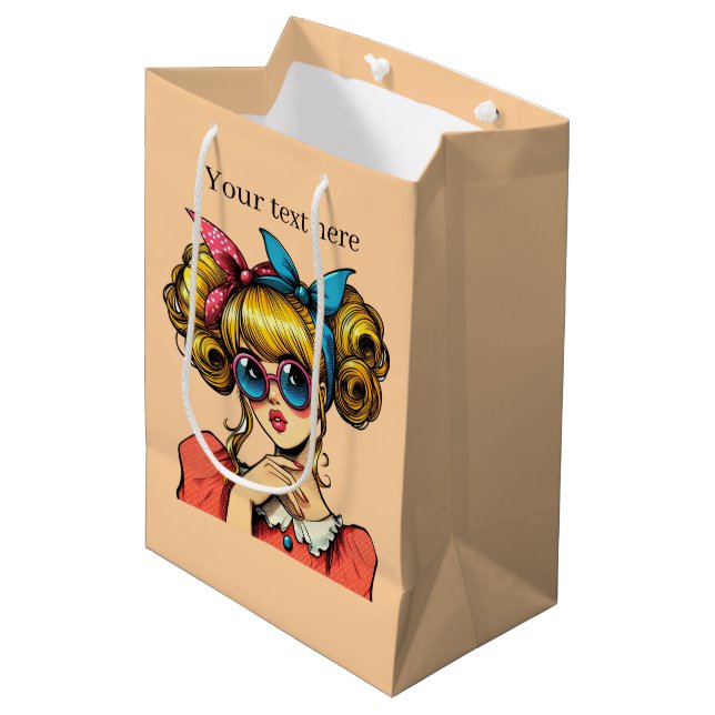 Cute retro lady add text  medium gift bag (Front Angled)
