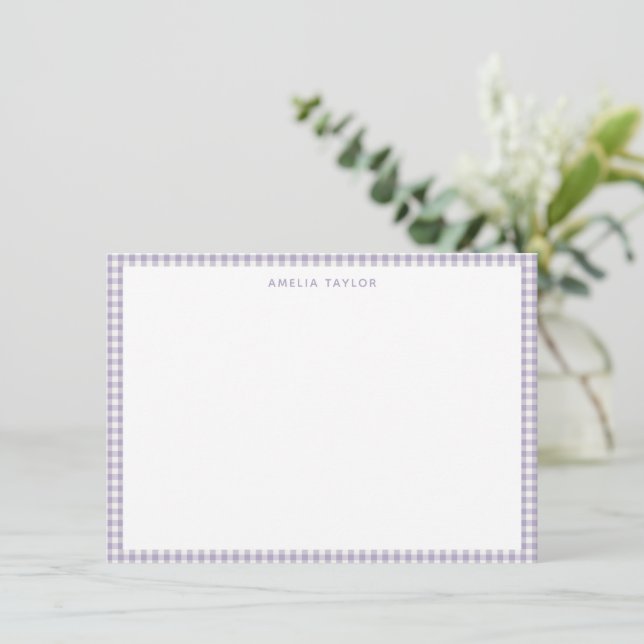 Cute Retro Lavender Gingham Plaid Personalized Note Card (Standing Front)