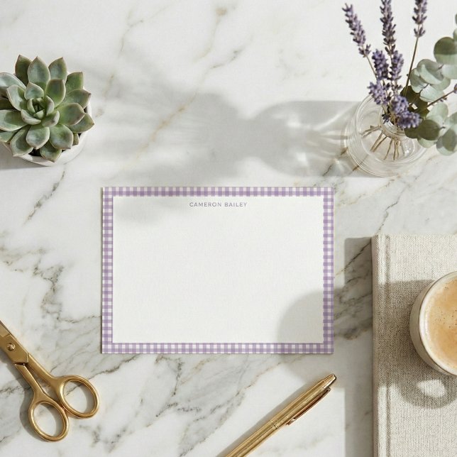 Cute Retro Lavender Gingham Plaid Personalized Note Card (Creator Uploaded)