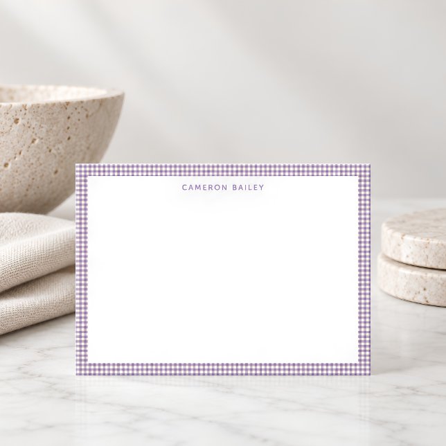 Cute Retro Lavender Gingham Plaid Personalized Note Card (Creator Uploaded)