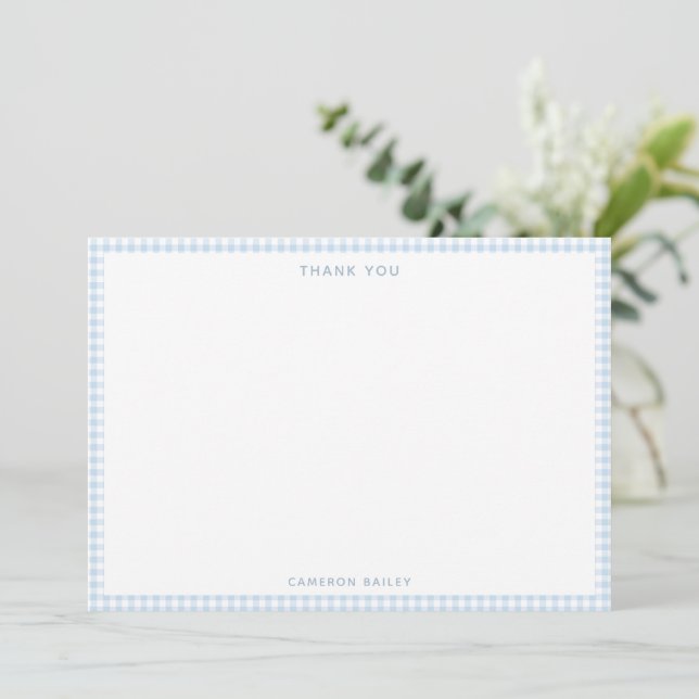 Cute Retro Light Blue Gingham Personalized Thank You Card (Standing Front)