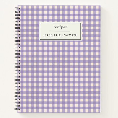 Cute Retro Lilac Gingham Plaid Personalized Recipe Notebook