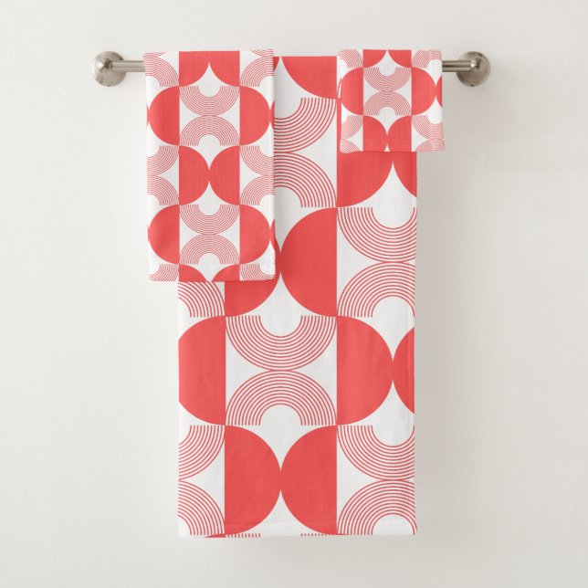 Cute retro Line art 1950s Modern Mid Century red Bath Towel Set (Insitu)