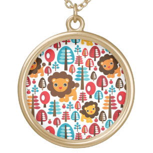 cute retro Lion kids illustration Gold Plated Necklace