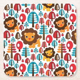 cute retro Lion kids illustration Square Paper Coaster