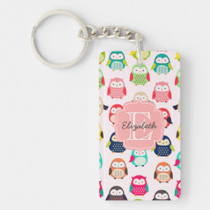 Cute Retro Litte Owls Monogrammed Keychain