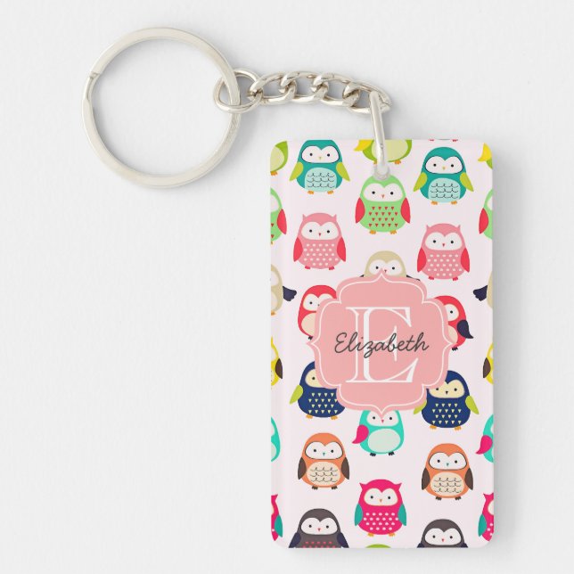 Cute Retro Litte Owls Monogrammed Keychain (Front)