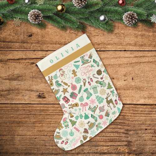 Cute Retro Look Doodles Large Christmas Stocking