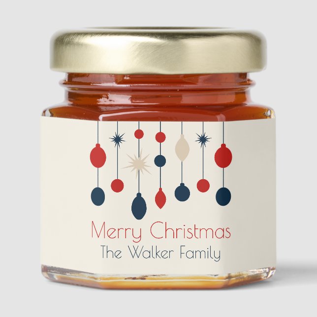 Cute Retro Merry Christmas Red Blue Custom Honey Jar Favors (Front)