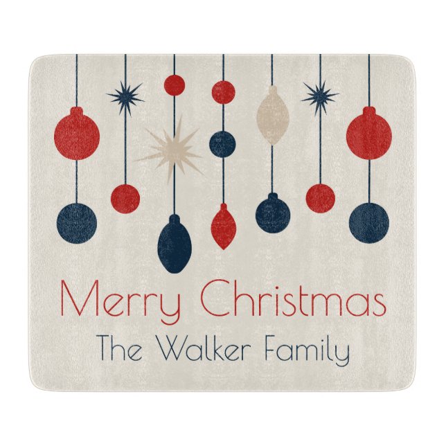 Cute Retro Merry Christmas Red Blue Ornaments Cutting Board (Front)