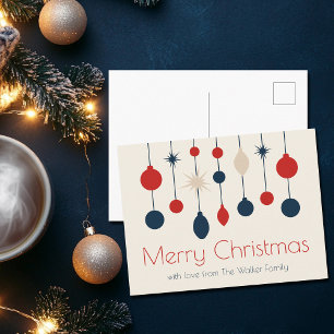 Cute Retro Merry Christmas Red Blue Ornaments Holiday Postcard