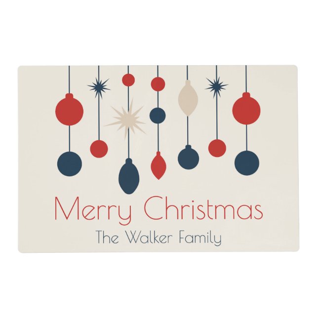 Cute Retro Merry Christmas Red Blue Ornaments Placemat (Front)