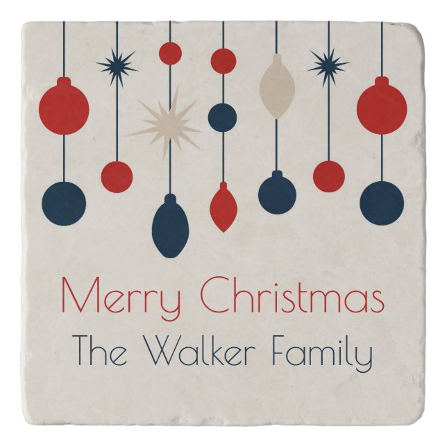 Cute Retro Merry Christmas Red Blue Ornaments Trivet (Front)