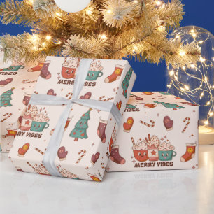 Cute Retro Merry Vibes Christmas Kawaii Pattern Wrapping Paper