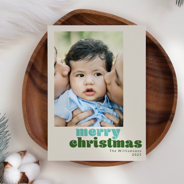 Cute Retro Mint Green Custom Photo Merry Christmas Holiday Card (Creator Uploaded)