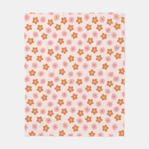 Cute Retro Mod Pop Flowers Pink and Burnt Orange Fleece Blanket