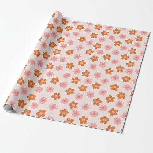 Cute Retro Mod Pop Flowers Pink and Burnt Orange Wrapping Paper