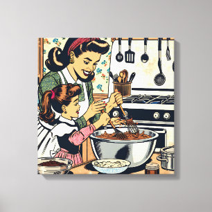 Cute Retro Mom and Daughter Baking Together Canvas Print