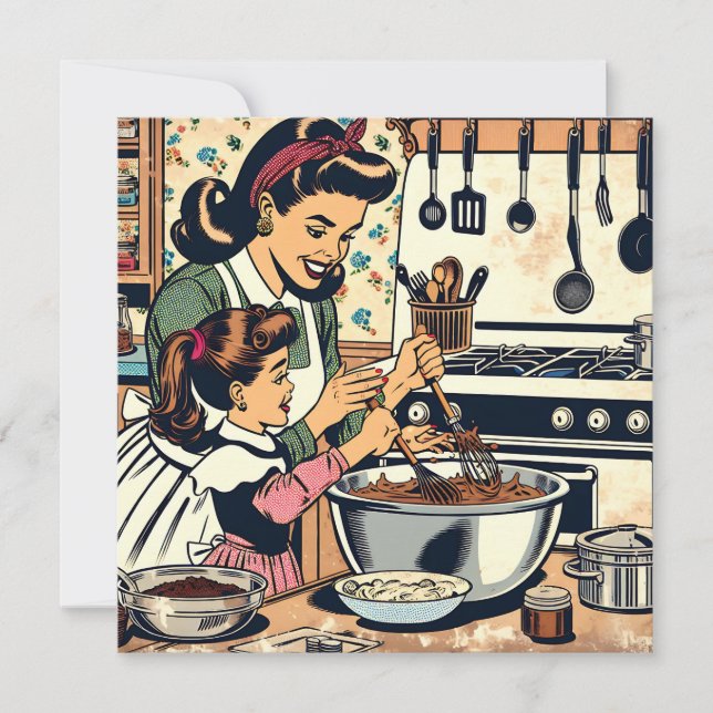 Cute Retro Mom and Daughter Baking Together Card (Front)