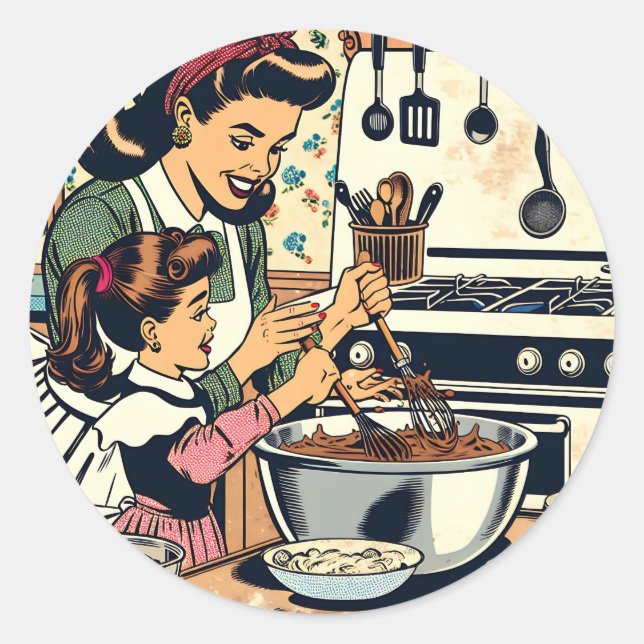 Cute Retro Mom and Daughter Baking Together Classic Round Sticker (Front)