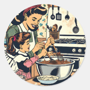Cute Retro Mom and Daughter Baking Together Classic Round Sticker