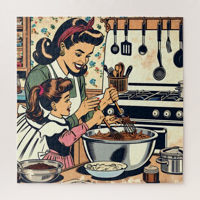 Cute Retro Mom and Daughter Baking Together Jigsaw Puzzle (Vertical)