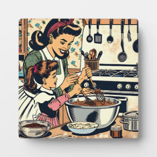 Cute Retro Mom and Daughter Baking Together Plaque
