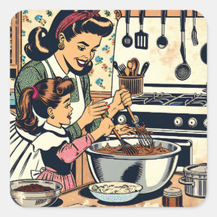 Cute Retro Mom and Daughter Baking Together Square Sticker
