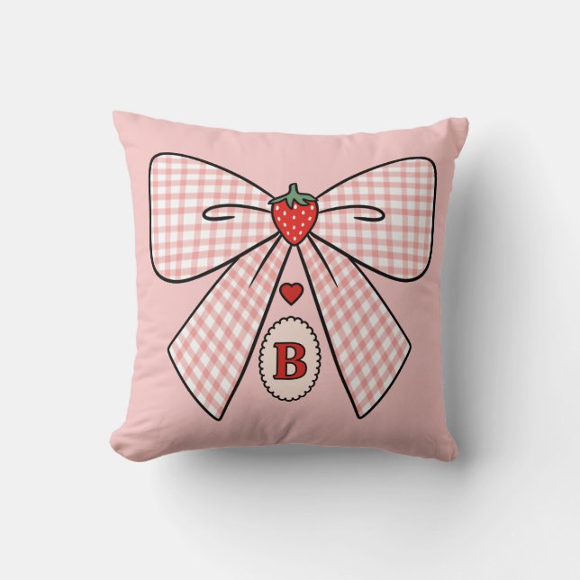 Cute Retro Monogram Initials Strawberry Coquette Throw Pillow (Front)