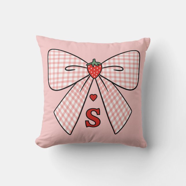 Cute Retro Monogram Initials Strawberry Coquette Throw Pillow (Front)